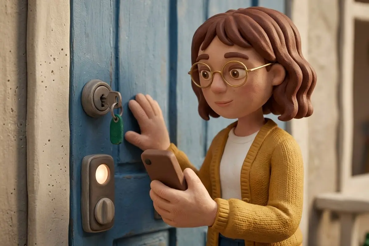 Lena apre con lo smartphone la seconda serratura della porta di casa