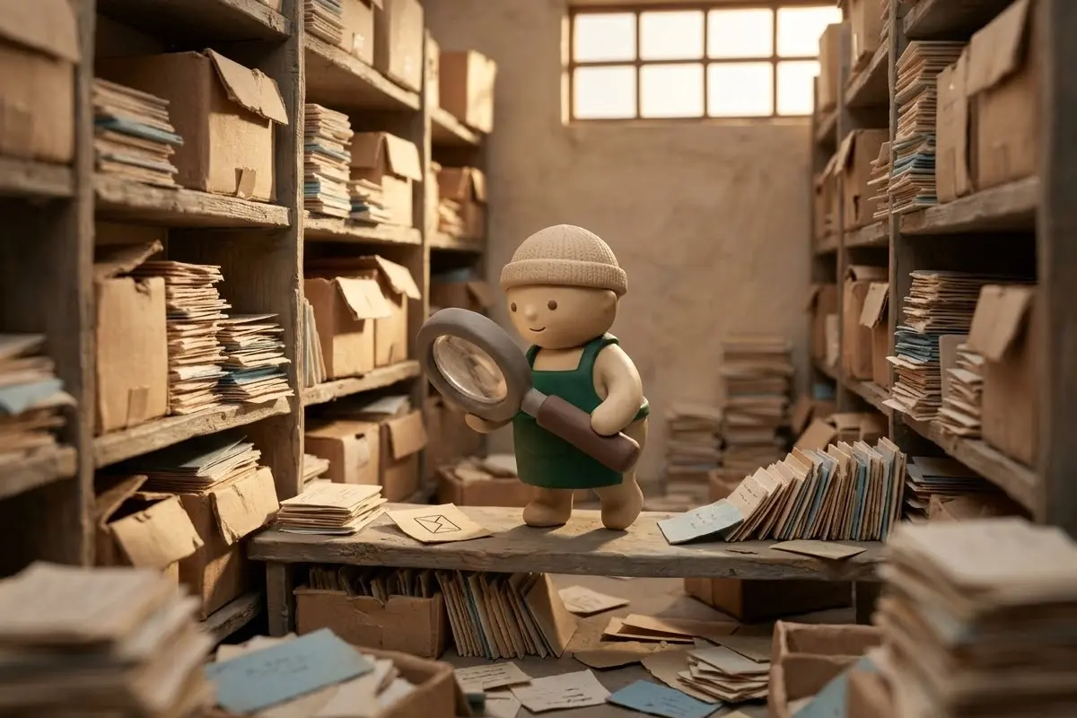 L'aiutante cerca con una lente d'ingrandimento nell'archivio